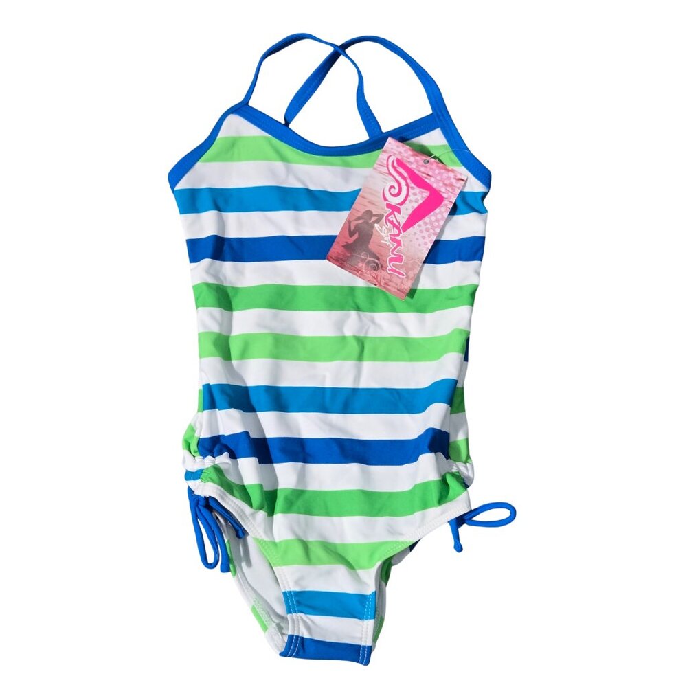 NWT | Kanu Surf Toddler Girls Blue & Lime Green Striped One-Piece Swimsuit | 3T